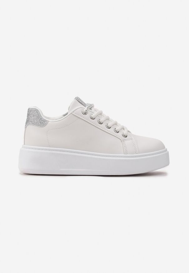 Renee - Biało-Srebrne Sneakersy Ozdobione Brokatem i Drobnymi Cyrkoniami Emavia. Okazja: na co dzień. Kolor: biały. Wzór: aplikacja
