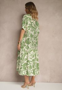 Renee - Zielona Rozkloszowana Sukienka z Wiskozy Ozdobiona Falbaną Filesenia. Kolor: zielony. Materiał: wiskoza. Wzór: aplikacja. Styl: elegancki