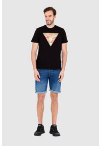 Guess - GUESS Czarny bawełniany męski T-shirt slim fit, Rozmiar M. Kolor: czarny. Materiał: bawełna. Wzór: aplikacja
