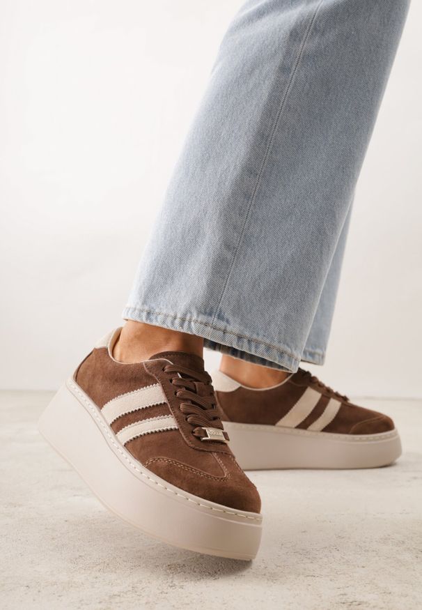 Born2be - Brązowe Skórzane Sneakersy na Grubej Podeszwie z Geometrycznym Wzorem Rivimi. Okazja: na co dzień. Kolor: brązowy. Materiał: skóra. Wzór: geometria