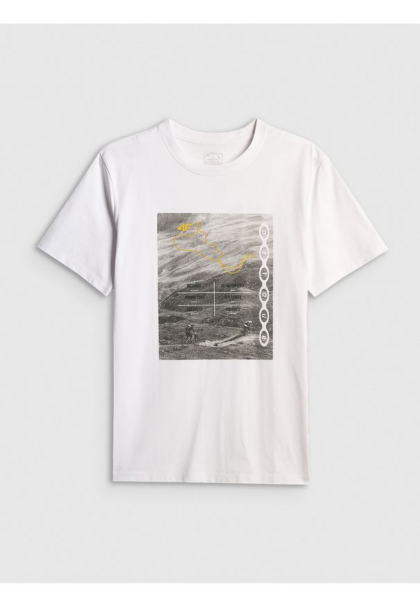 4f - 4F T-shirt regular z nadrukiem męski - biały S. Okazja: na co dzień. Kolor: biały. Materiał: dzianina, materiał, dresówka, bawełna, jeans. Wzór: nadruk. Styl: casual, klasyczny