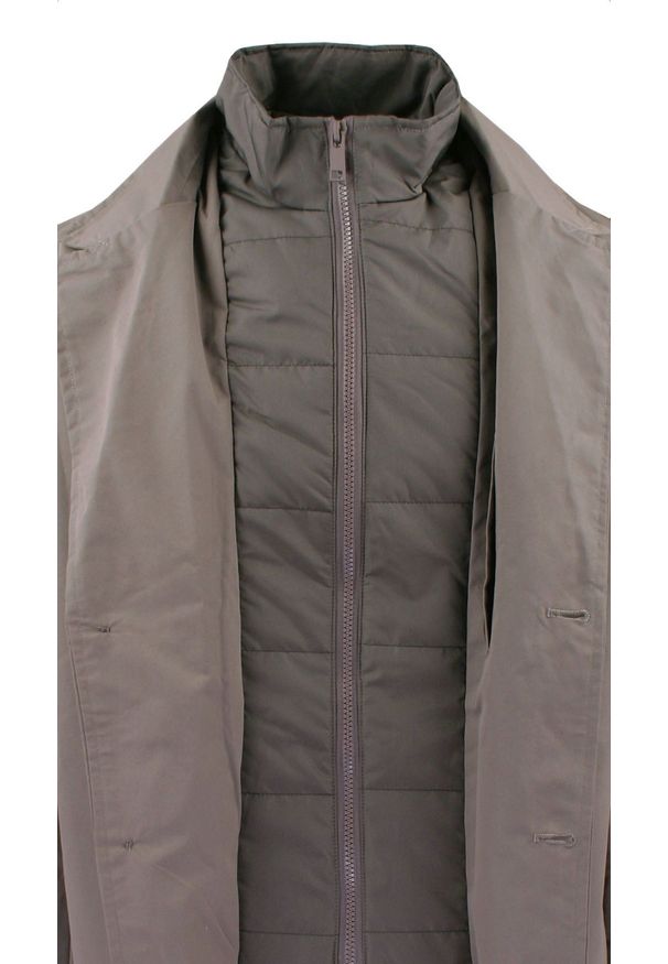 Krótki, Męski Płaszcz Przejściowy z Wysokim Kołnierzem - Brave Soul - Taupe. Kolor: beżowy, wielokolorowy, brązowy. Materiał: poliester. Długość: krótkie. Sezon: jesień, wiosna