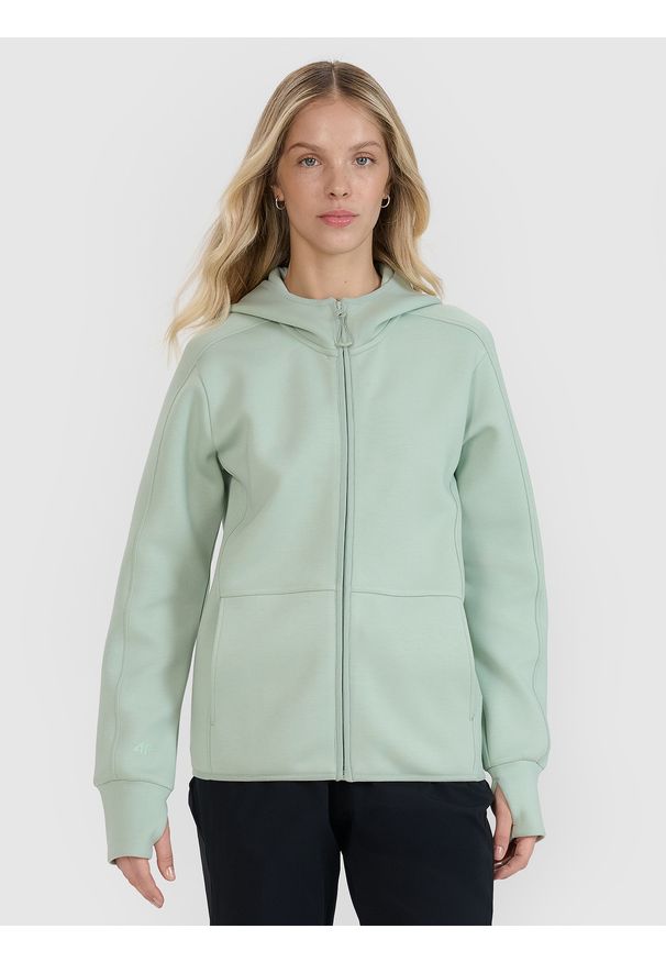 4f - 4F Bluza dresowa rozpinana z kapturem damska - miętowa XS. Okazja: na co dzień. Typ kołnierza: kaptur. Kolor: turkusowy. Materiał: dresówka. Wzór: ze splotem, napisy, gładki. Styl: elegancki, casual, sportowy. Sport: fitness