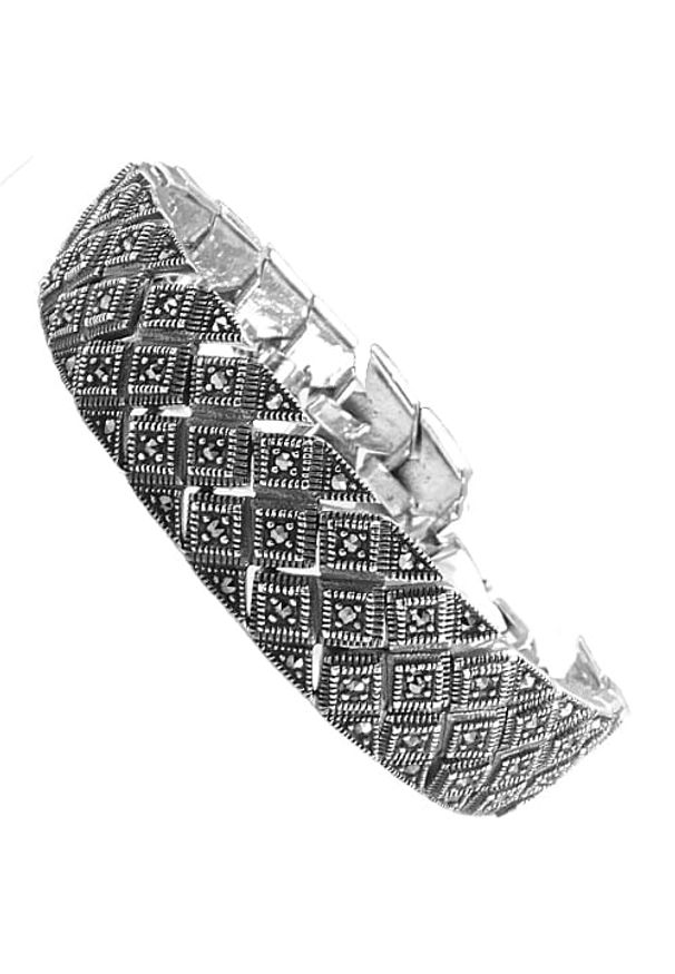 Braccatta - GAVIA Srebrna bransoletka z markazytami szeroka ciężka. Materiał: srebrne. Kolor: srebrny. Wzór: geometria. Kamień szlachetny: markazyt