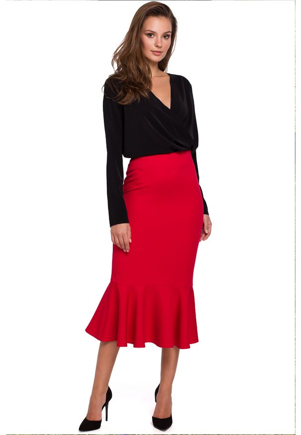 Makover - Elegancka ołówkowa spódnica midi zakończona falbaną. Materiał: elastan. Styl: elegancki