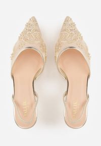 Born2be - Złote Czółenka Siateczkowe na Szpilce Ozdobione Perełkami i Haftami Vilania. Okazja: na co dzień. Zapięcie: pasek. Kolor: złoty. Materiał: satyna. Wzór: haft, aplikacja. Obcas: na szpilce. Styl: casual, klasyczny, elegancki #2