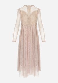 Born2be - Beżowa Sukienka z Koronką i Tiulem Nemila. Okazja: na co dzień. Typ kołnierza: dekolt w łódkę. Kolor: beżowy. Materiał: tiul, koronka. Wzór: koronka. Typ sukienki: proste. Styl: casual #7