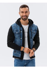 Ombre Clothing - Kurtka męska jeansowa katana z kapturem - niebiesko-czarna. Typ kołnierza: kaptur. Kolor: czarny, niebieski, wielokolorowy. Materiał: jeans. Styl: klasyczny #1