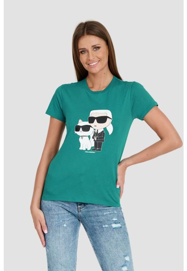 Karl Lagerfeld - KARL LAGERFELD Turkusowy damski t-shirt Ikonik 2.0, Rozmiar S. Kolor: niebieski