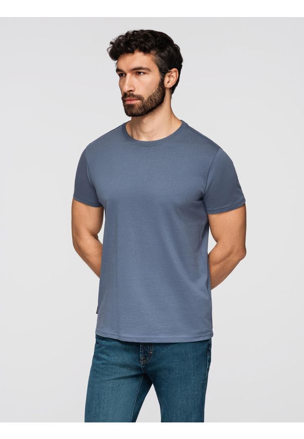 Ombre Clothing - T-shirt męski klasyczny bawełniany BASIC - niebieski denim V7 - Rozmiar: S. Okazja: na co dzień. Kolor: niebieski. Materiał: bawełna, denim. Styl: klasyczny