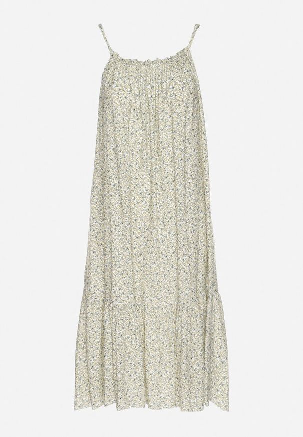 Born2be - Beżowa Rozkloszowana Sukienka z Bawełny w Kwiatowy Wzór Nilaretia. Okazja: na co dzień. Kolor: beżowy. Materiał: bawełna. Długość rękawa: na ramiączkach. Wzór: kwiaty. Sezon: lato. Typ sukienki: rozkloszowane. Styl: casual