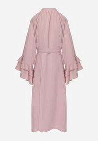 Renee - Różowa Koszulowa Sukienka z Wiskozy Ozdobiona Paskiem i Falbanami Tinethra. Okazja: na co dzień. Kolor: różowy. Materiał: wiskoza. Wzór: aplikacja. Typ sukienki: koszulowe. Styl: wizytowy, casual, elegancki #8