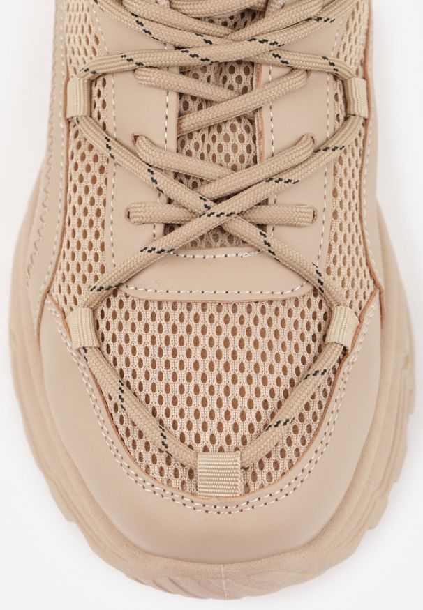 Renee - Ciemnobeżowe Sneakersy na Masywnej Podeszwie z Siateczkowym Wstawkami i Ozdobnymi Sznurówkami Ollavia. Kolor: beżowy