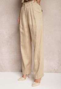 Renee - Beżowe Szerokie Spodnie High Waist z Kieszeniami Keanne. Okazja: na co dzień. Stan: podwyższony. Kolekcja: dla wysokich. Kolor: beżowy. Styl: casual