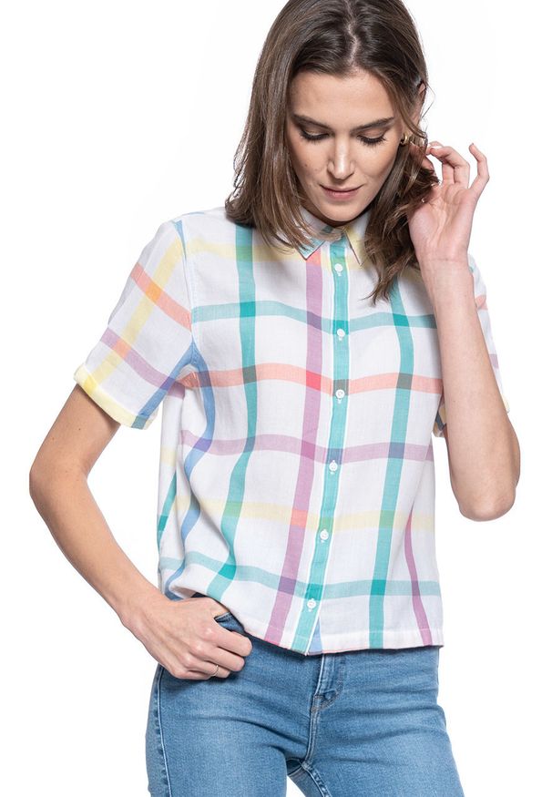 Wrangler - DAMSKA KOSZULA MATERIAŁOWA WRANGLER SHORTSLEEVE SHIRT WHITE W5R1SH989 112130305. Materiał: materiał