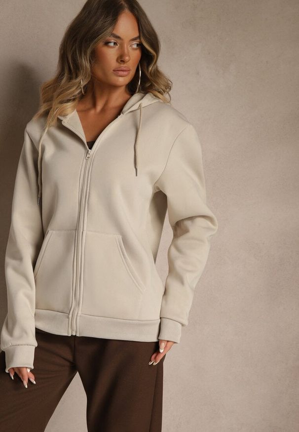 Renee - Beżowa Bluza Rozpinana z Kapturem z Bawełną Ozdobiona Sznurkami Odiola. Okazja: na co dzień. Typ kołnierza: kaptur. Kolor: beżowy. Materiał: bawełna. Wzór: aplikacja. Styl: sportowy, casual