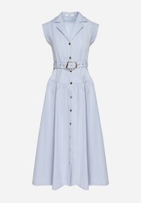 Born2be - Niebieska Sukienka Koszulowa Ozdobiona Paskiem Devikka. Okazja: na co dzień. Kolor: niebieski. Materiał: skóra. Wzór: aplikacja. Typ sukienki: koszulowe. Styl: casual, elegancki, klasyczny #5