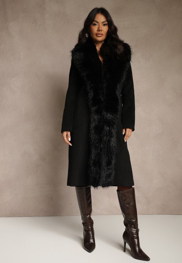 Renee - Czarny Płaszcz z Odpinanym Futerkiem Lillvana. Okazja: na imprezę. Kolor: czarny. Materiał: futro. Styl: elegancki