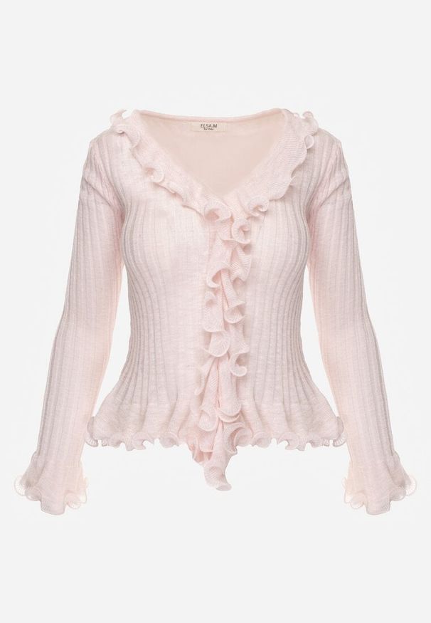 Born2be - Różowa Prążkowana Bluzka z Wiskozą Ozdobiona Falbanami Pronasia. Okazja: na co dzień. Kolor: różowy. Materiał: prążkowany, wiskoza. Wzór: aplikacja. Styl: casual, elegancki, klasyczny