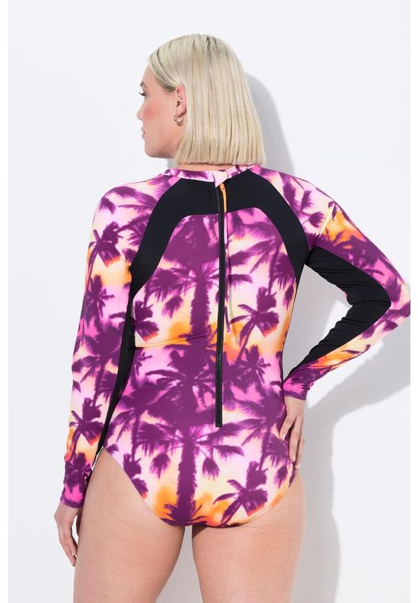 ULLA POPKEN - Damski Strój kąpielowy długi rękaw bez miękkich miseczek zamek błyskawiczny. Kolekcja: plus size. Kolor: czarny. Materiał: poliester, elastan, poliamid, materiał. Długość: długie