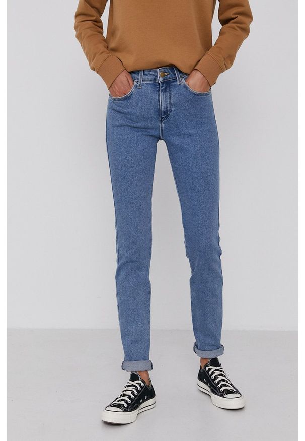 Wrangler jeansy Slim Static Stone damskie high waist. Stan: podwyższony. Kolor: niebieski