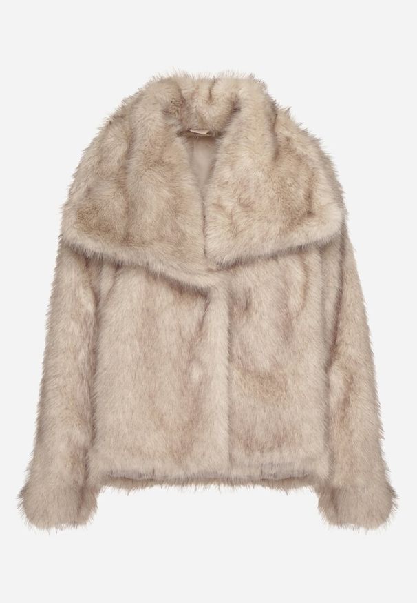 Born2be - Beżowa Futrzana Kurtka z Szerokim Kołnierzem Merionnie. Kolor: beżowy. Materiał: futro. Styl: elegancki