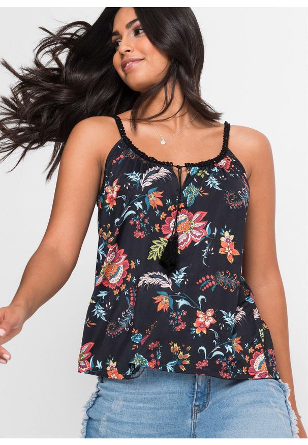 bonprix - Top shirtowy w kwiaty. Kolor: czarny. Materiał: koronka. Długość rękawa: na ramiączkach. Wzór: kwiaty