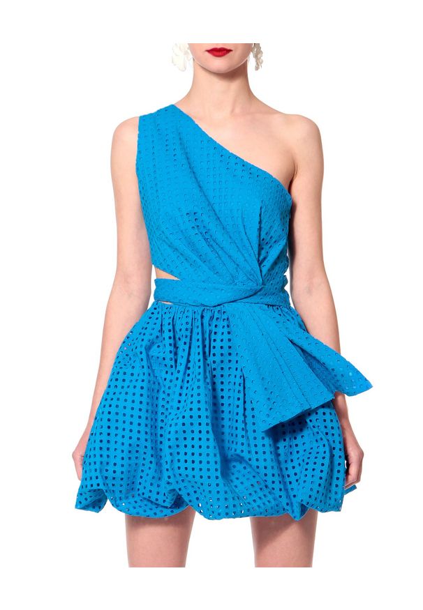 AGGI - Niebieska sukienka bombka Ariana. Okazja: na imprezę. Kolor: niebieski. Materiał: bawełna, tkanina. Wzór: ażurowy. Sezon: lato. Typ sukienki: bombki. Długość: mini