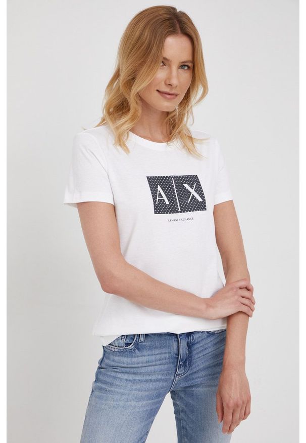 Armani Exchange t-shirt bawełniany kolor biały. Kolor: biały. Materiał: bawełna. Wzór: nadruk
