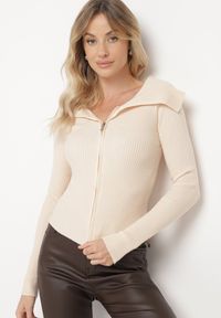 Born2be - Jasnobeżowy Dopasowany Kardigan w Prążki Zapinany na Suwak z Szerokim Kołnierzem Zinleina. Okazja: do pracy, na co dzień. Kolor: beżowy. Materiał: jeans. Wzór: prążki. Styl: elegancki, casual #6