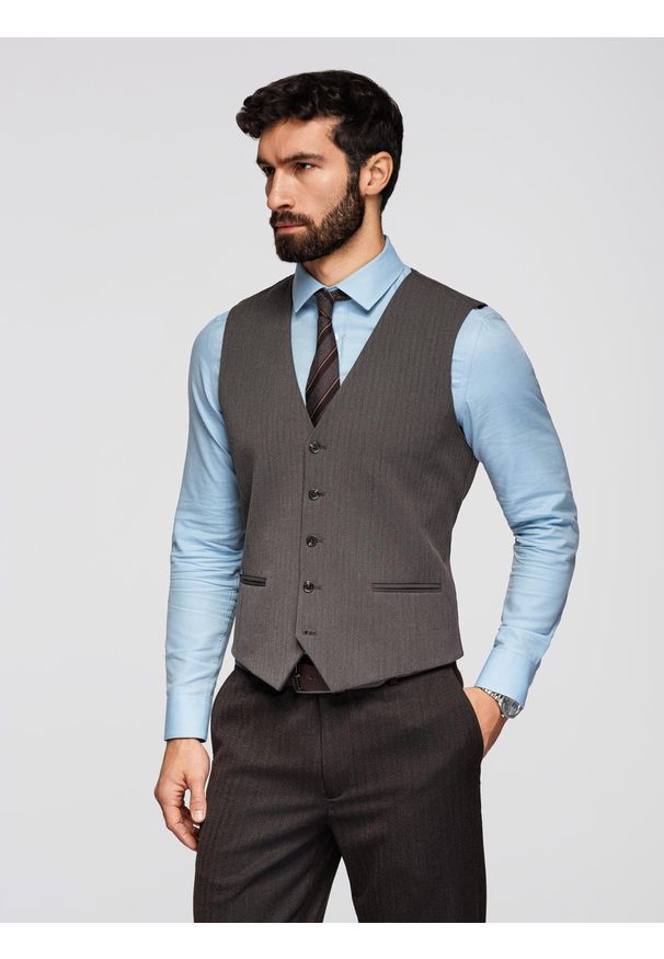 Ombre Clothing - Męska elegancka kamizelka w jodełkę SLIM FIT - grafitowa V2 - Rozmiar: L. Okazja: na spotkanie biznesowe, do pracy, na co dzień. Typ kołnierza: golf. Kolor: szary. Materiał: poliester, tkanina, elastan, wiskoza, materiał. Wzór: jodełka. Styl: elegancki