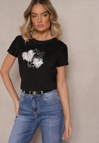 Renee - Czarny Bawełniany T-shirt z Nadrukiem Serc Nonadriel. Okazja: na co dzień. Kolor: czarny. Materiał: bawełna. Wzór: nadruk. Styl: klasyczny, casual #5