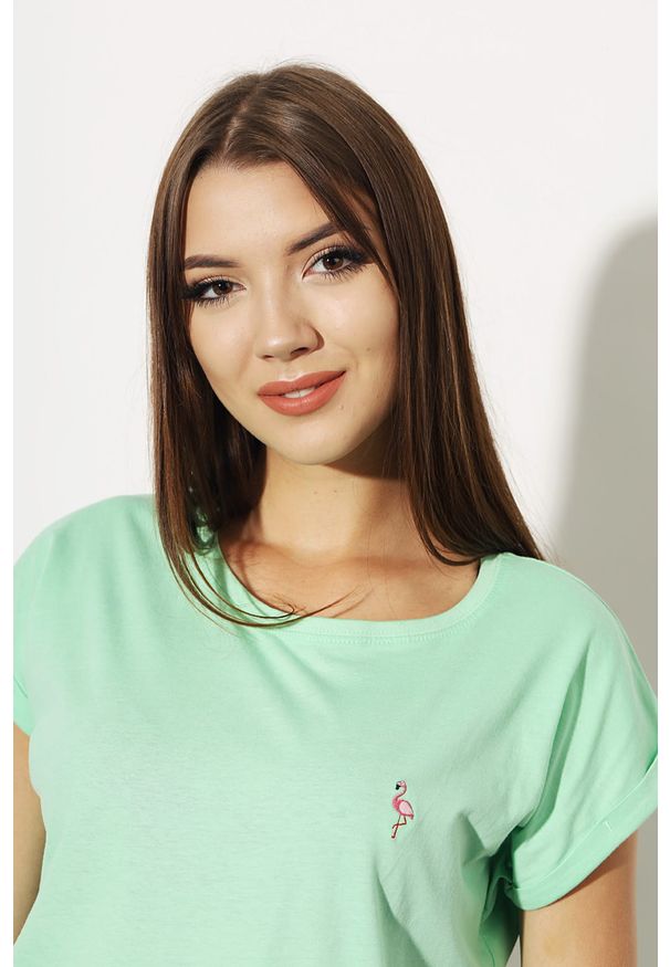 T-shirt Damski Edward Orlovski Mint "Flamingo". Materiał: bawełna. Wzór: haft. Styl: elegancki