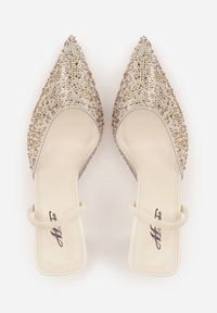 Renee - Beżowe Szpilki z Odkrytą Piętą i Transparentnym Noskiem z Cyrkoniami Kalinata. Okazja: na co dzień. Kolor: beżowy. Materiał: jeans, koronka. Wzór: aplikacja. Obcas: na szpilce. Styl: casual, klasyczny, wizytowy #9