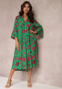 Renee - Zielona Rozkloszowana Sukienka w Kwiaty Onilio. Kolor: zielony. Wzór: kwiaty. Długość: midi #5