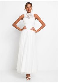 bonprix - Sukienka ślubna z tiulu z koronką. Okazja: na ślub cywilny, na wesele. Typ kołnierza: dekolt gorset, kołnierzyk stójkowy. Kolor: biały. Materiał: tiul, koronka. Wzór: koronka. Typ sukienki: gorsetowe #1