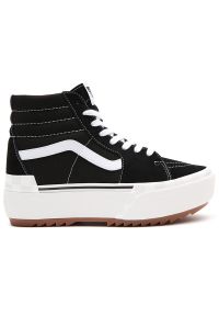 Buty Vans Sk8-Hi Stacked VN0A4BTW5ZN1 - czarne. Okazja: na co dzień. Wysokość cholewki: przed kolano. Zapięcie: pasek. Kolor: czarny. Materiał: zamsz, materiał, guma. Szerokość cholewki: normalna. Wzór: paski, haft. Model: Vans SK8