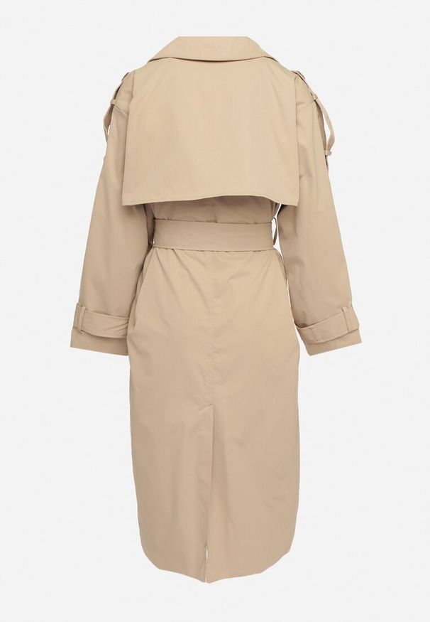 Born2be - Ciemnobeżowy Dwurzędowy Płaszcz Trencz z Wiązanym Paskiem Rozcięciem i Klapą Terezi. Okazja: na co dzień. Kolor: beżowy. Materiał: jeans. Styl: klasyczny, casual, elegancki