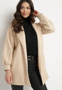 Born2be - Beżowy Płaszcz z Wiązanym Paskiem i Bufiastym Rękawem Imgrucu. Typ kołnierza: kołnierzyk stójkowy. Kolor: beżowy. Materiał: tkanina, jeans. Długość: długie. Sezon: wiosna, jesień #3