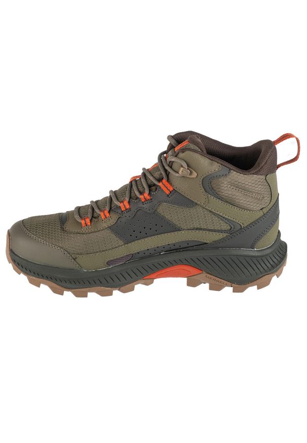 Merrell - Buty trekkingowe męskie, Speed Strike 2 Mid WP. Wysokość cholewki: za kostkę. Zapięcie: sznurówki. Kolor: zielony. Materiał: materiał, syntetyk, guma. Szerokość cholewki: normalna. Sport: turystyka piesza