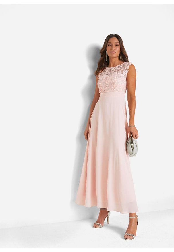 bonprix - Długa sukienka z koronką. Kolor: różowy. Materiał: koronka. Wzór: koronka. Styl: elegancki, wizytowy. Długość: maxi