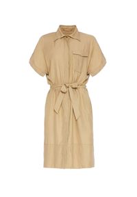 Manila Grace - MANILA GRACE - Beżowa sukienka mini z kołnierzem. Kolor: beżowy. Materiał: tkanina, jedwab, materiał. Sezon: lato. Typ sukienki: koszulowe. Długość: mini #2