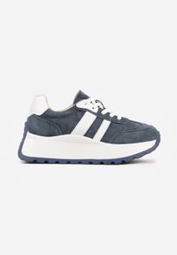 Renee - Granatowe Sneakersy ze Skóry Naturalnej na Platformie Cezella. Okazja: na co dzień. Kolor: niebieski. Materiał: skóra. Obcas: na platformie #5