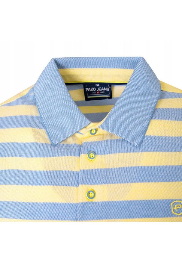 Bawełniana, Męska Koszulka Polo - Pako Jeans - Żółte Pasy. Okazja: na co dzień. Typ kołnierza: polo. Kolor: żółty, złoty, wielokolorowy. Materiał: bawełna. Wzór: prążki, paski. Styl: casual