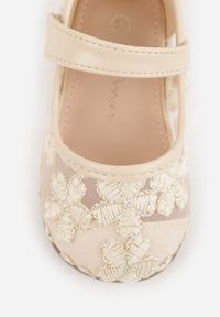 Born2be - Beżowe Siateczkowe Balerinki z Paskiem na Rzep i Haftowanymi Kwiatkami Nasella. Okazja: na uczelnię. Zapięcie: rzepy. Kolor: beżowy. Wzór: haft, kwiaty #6