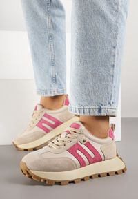 Renee - Beżowo-Fuksjowe Sneakersy ze Skóry Naturalnej Ozdobione Geometrycznym Wzorem Melassea. Okazja: na co dzień. Kolor: beżowy. Materiał: skóra. Wzór: aplikacja, geometria #5