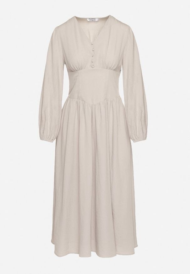 Born2be - Jasnobeżowa Sukienka z Wiskozą z Gorsetową Talią i Bufiastymi Rękawami Aniste. Okazja: na co dzień. Typ kołnierza: dekolt gorset. Kolor: beżowy. Materiał: wiskoza. Typ sukienki: gorsetowe. Styl: wizytowy, sportowy, casual, elegancki