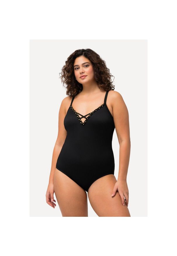 ULLA POPKEN - Damski Kostium kąpielowy tasiemka z koralikami struktura miękkie miseczki. Kolekcja: plus size. Kolor: czarny. Materiał: poliamid, materiał, elastan