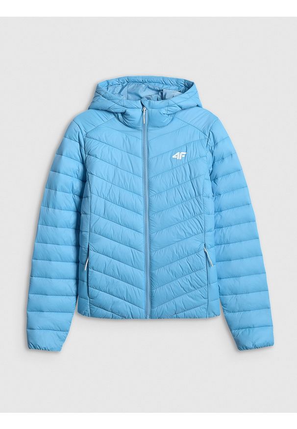 4f - 4F Kurtka z wypełnieniem syntetycznym damska - niebieska XL. Okazja: na co dzień. Typ kołnierza: kołnierzyk stójkowy. Kolor: niebieski. Materiał: syntetyk. Styl: casual, sportowy