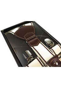 Modini - Szelki męskie beżowe/ecru z brązowymi paskami i wykończeniami SZ44. Kolor: wielokolorowy, brązowy, beżowy. Materiał: skóra, guma #1